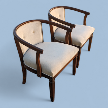 Pair of Vintage Curved Wood and Upholstered Barrel Armchairs — view 5 of 14
