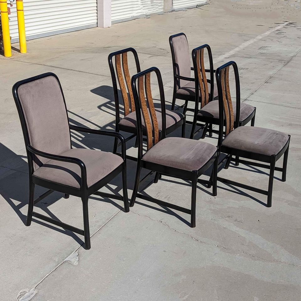 Six Postmodern Dining Chairs by Bernhardt, Black Lacquer, Birdseye Maple, Wood Frames, Dining Room