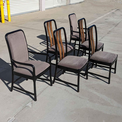 Six Postmodern Dining Chairs by Bernhardt, Black Lacquer, Birdseye Maple, Wood Frames, Dining Room