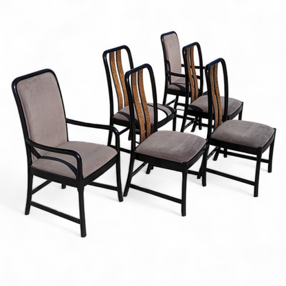Six Postmodern Dining Chairs by Bernhardt, Black Lacquer, Birdseye Maple, Wood Frames, Dining Room