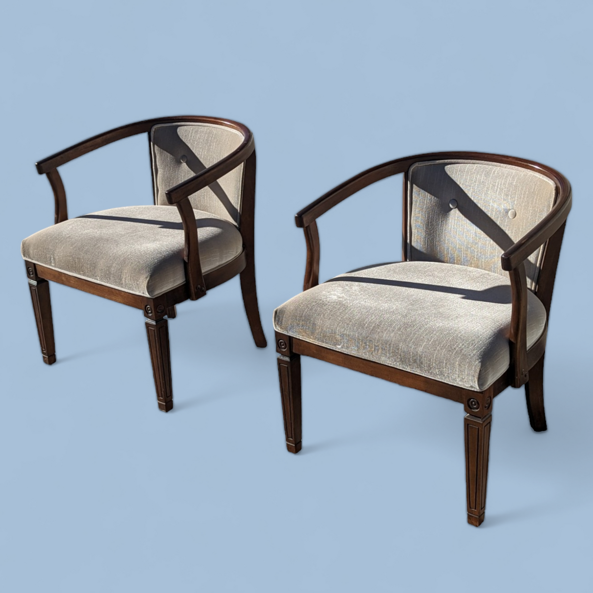 Pair of Vintage Curved Wood and Upholstered Barrel Armchairs — view 2 of 14