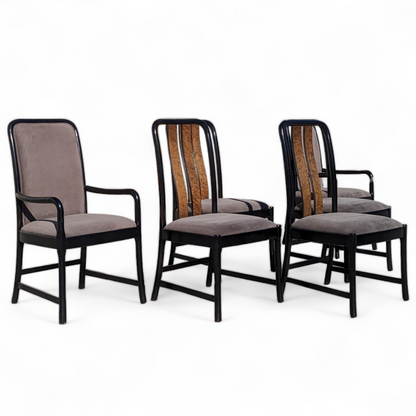 Six Postmodern Dining Chairs by Bernhardt, Black Lacquer, Birdseye Maple, Wood Frames, Dining Room