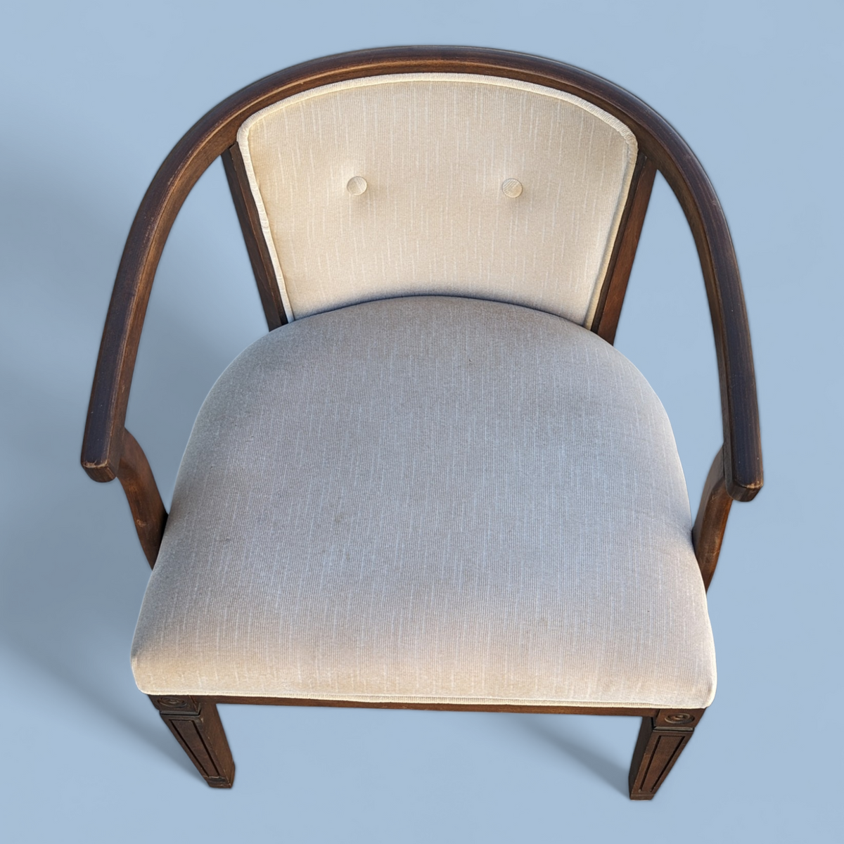 Pair of Vintage Curved Wood and Upholstered Barrel Armchairs — view 3 of 14