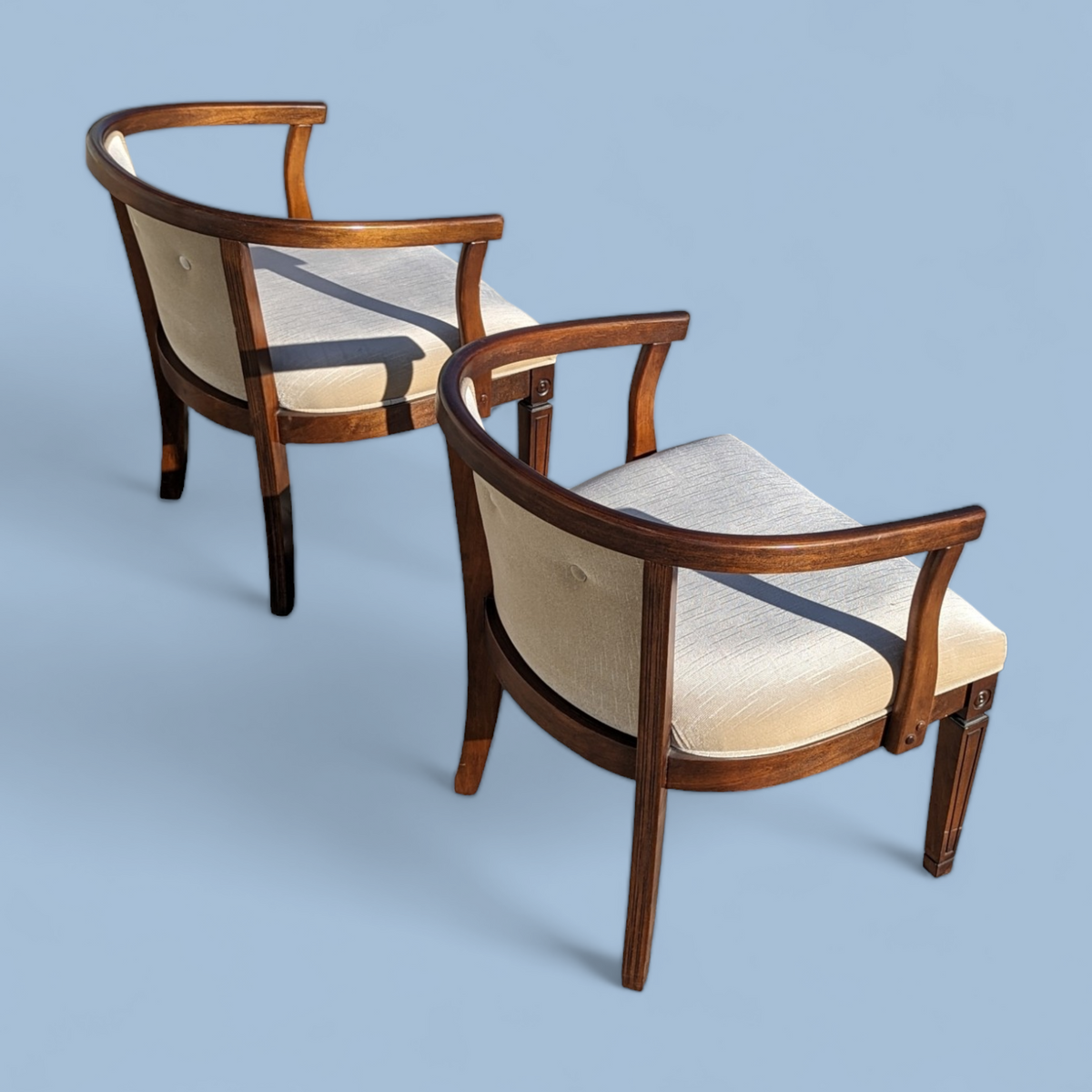 Pair of Vintage Curved Wood and Upholstered Barrel Armchairs — view 13 of 14