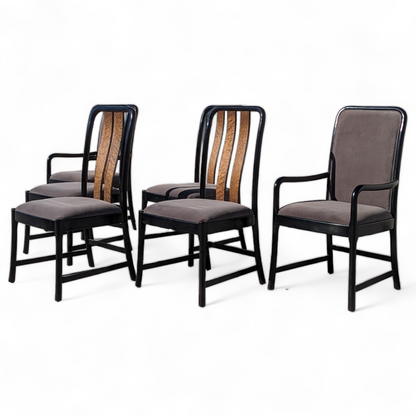 Six Postmodern Dining Chairs by Bernhardt, Black Lacquer, Birdseye Maple, Wood Frames, Dining Room