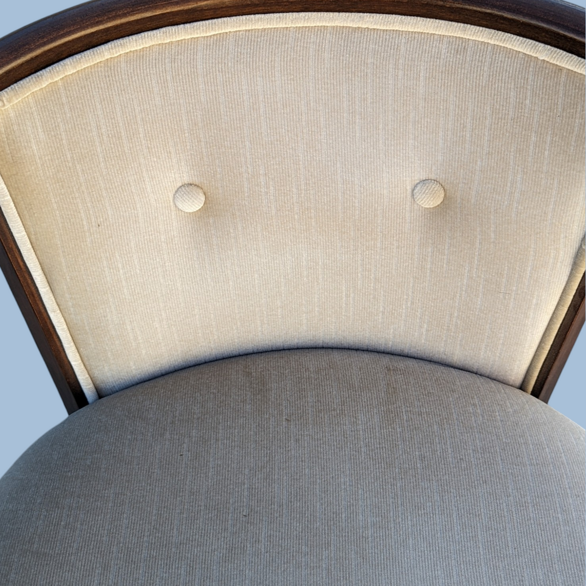 Pair of Vintage Curved Wood and Upholstered Barrel Armchairs — view 4 of 14