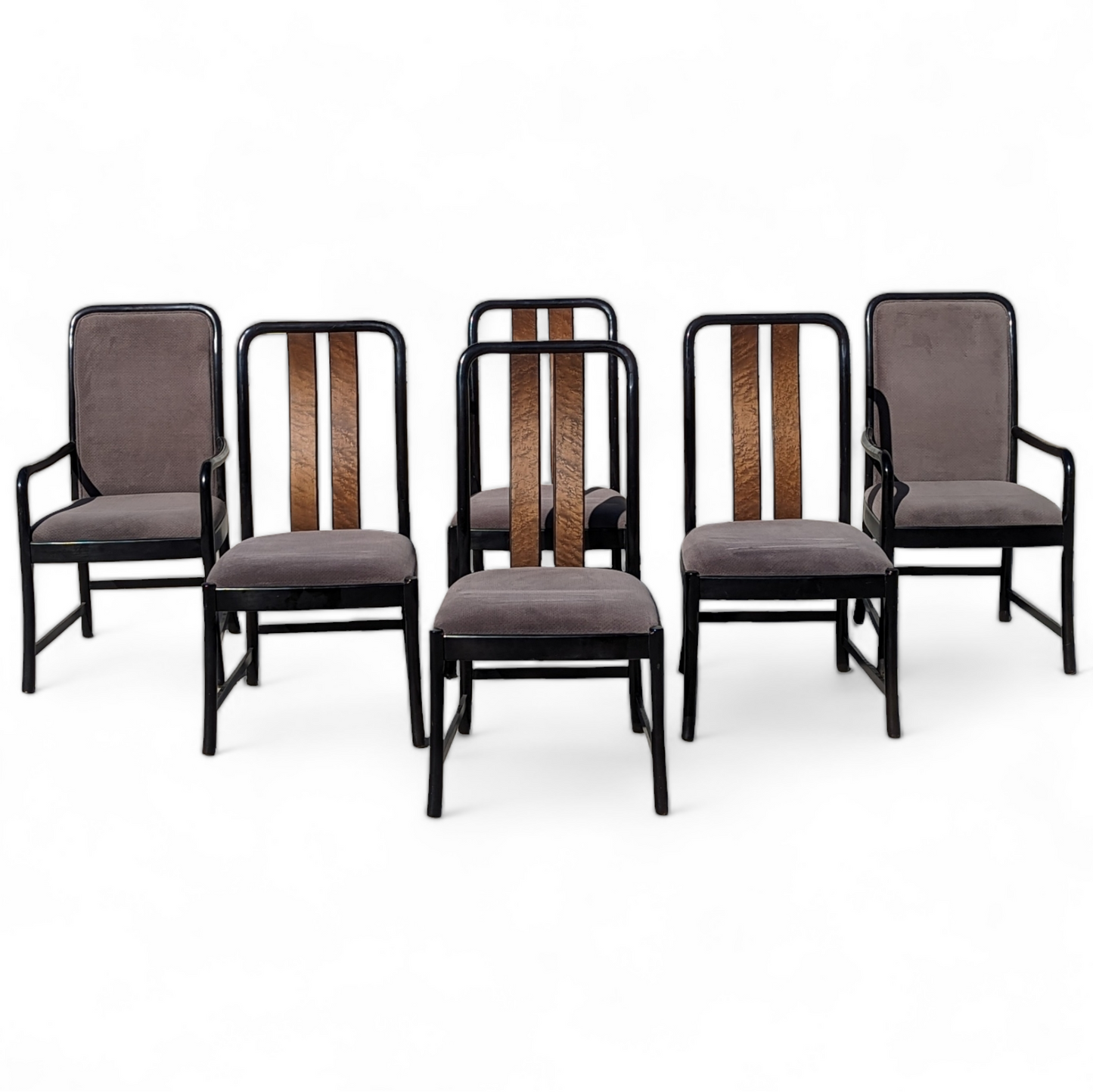 Six Postmodern Dining Chairs by Bernhardt, Black Lacquer, Birdseye Maple, Wood Frames, Dining Room