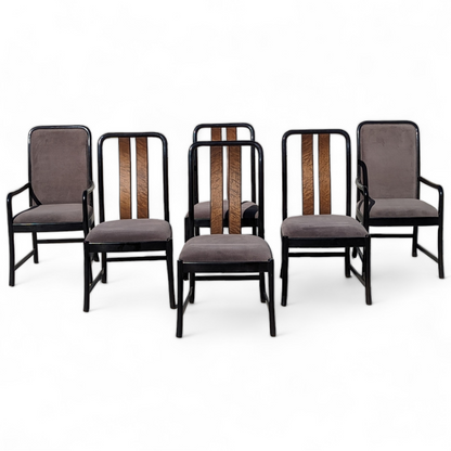 Six Postmodern Dining Chairs by Bernhardt, Black Lacquer, Birdseye Maple, Wood Frames, Dining Room