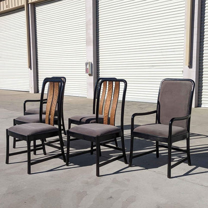 Six Postmodern Dining Chairs by Bernhardt, Black Lacquer, Birdseye Maple, Wood Frames, Dining Room
