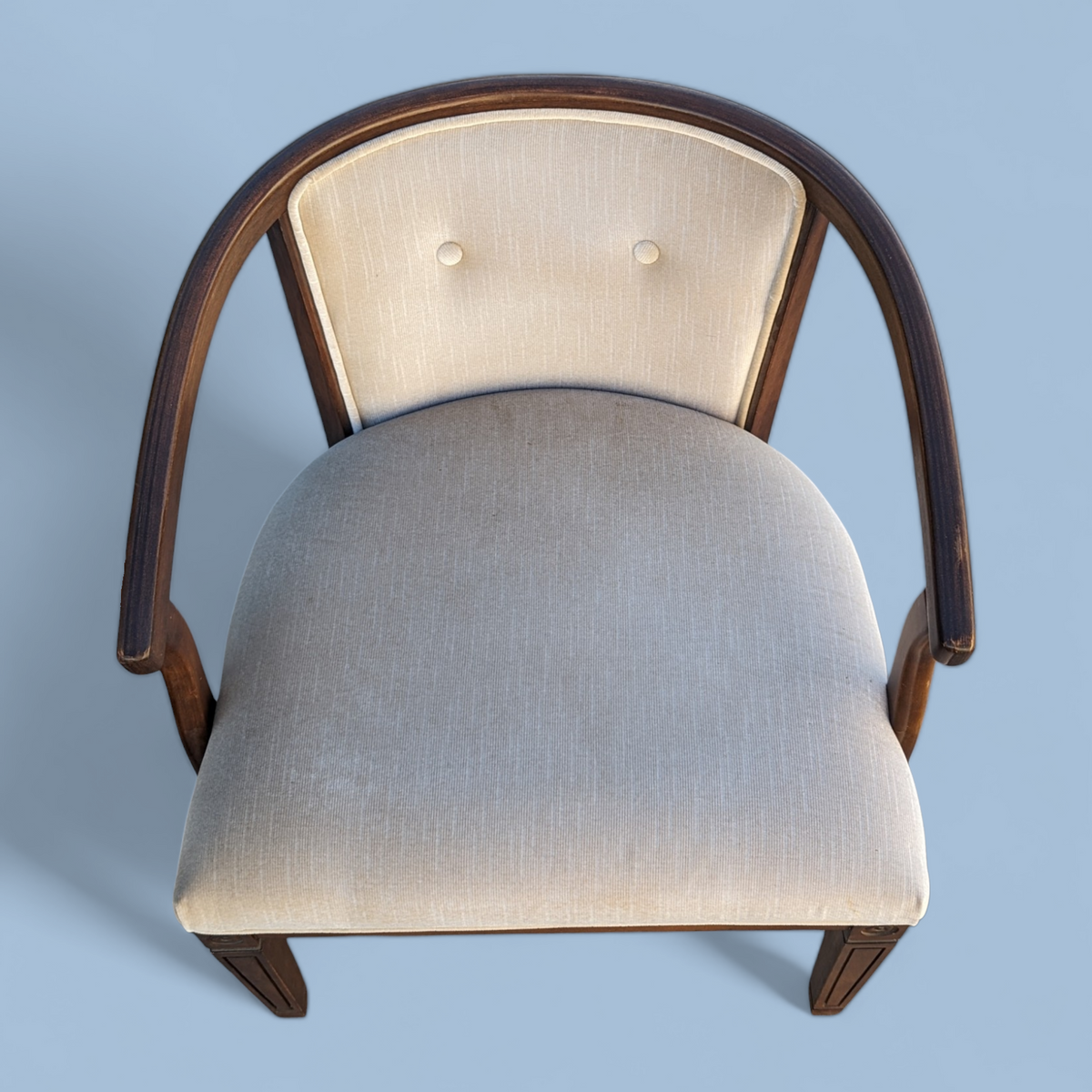 Pair of Vintage Curved Wood and Upholstered Barrel Armchairs — view 11 of 14