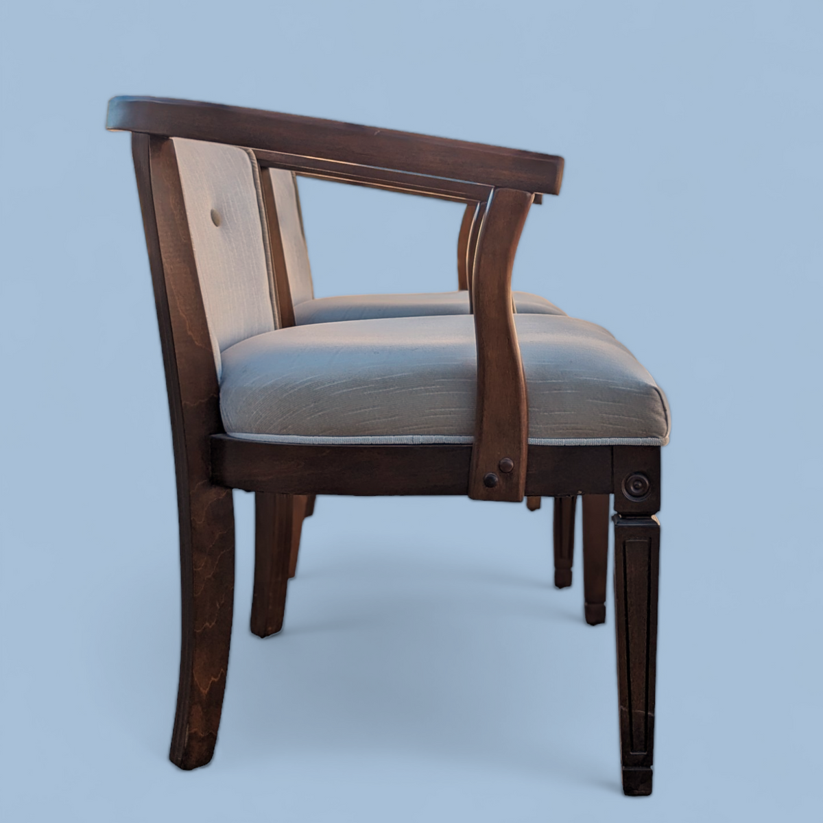 Pair of Vintage Curved Wood and Upholstered Barrel Armchairs — view 10 of 14