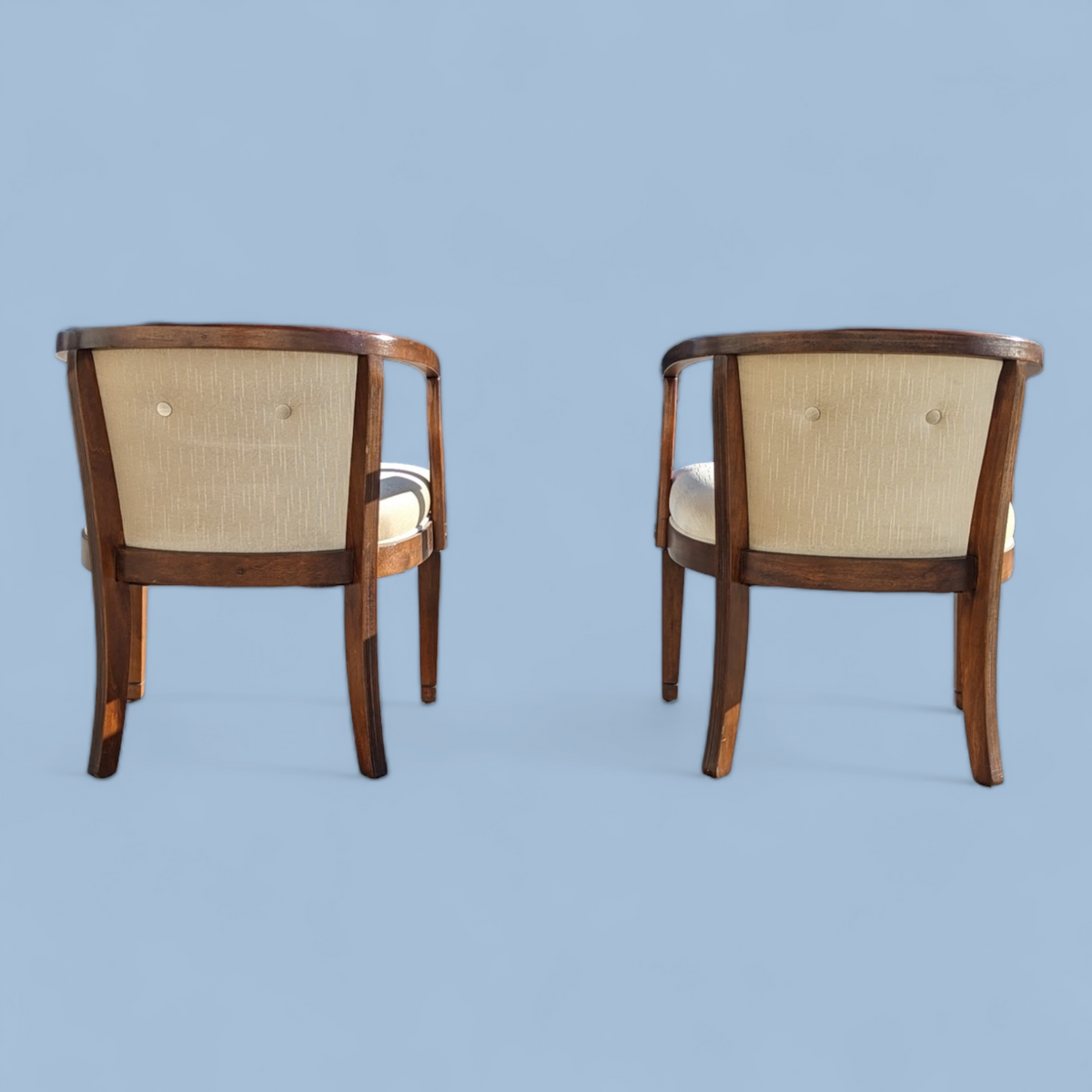 Pair of Vintage Curved Wood and Upholstered Barrel Armchairs — view 7 of 14