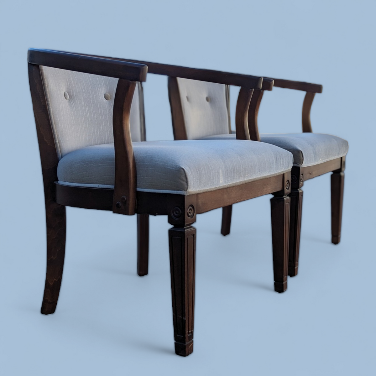 Pair of Vintage Curved Wood and Upholstered Barrel Armchairs — view 9 of 14