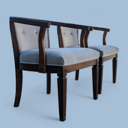 Pair of Vintage Curved Wood and Upholstered Barrel Armchairs — view 9 of 14