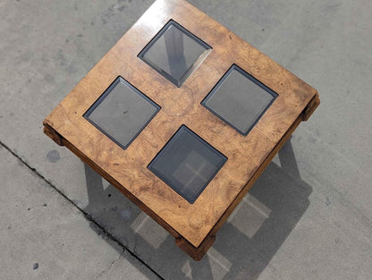 Vintage Side End Table, Square, Burl Wood, Smoked Glass, Solid Wood, Mid Century, MCM, Postmodern