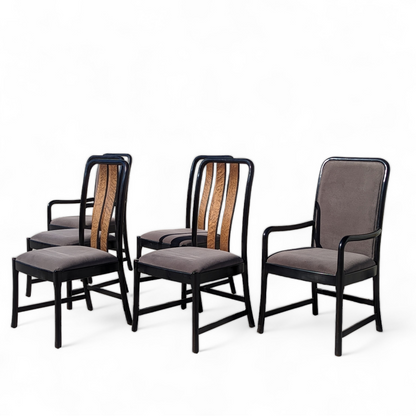 Six Postmodern Dining Chairs by Bernhardt, Black Lacquer, Birdseye Maple, Wood Frames, Dining Room