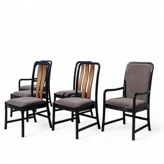 Six Postmodern Dining Chairs by Bernhardt, Black Lacquer, Birdseye Maple, Wood Frames, Dining Room