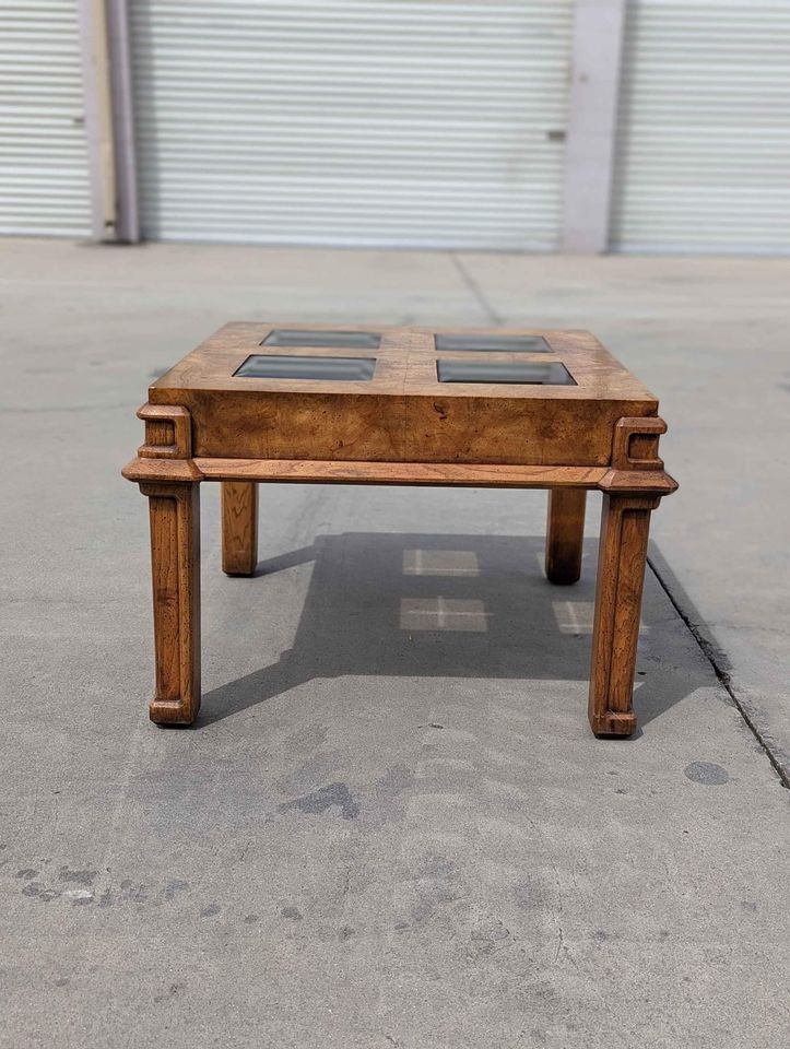 Vintage Side End Table, Square, Burl Wood, Smoked Glass, Solid Wood, Mid Century, MCM, Postmodern