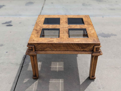 Vintage Side End Table, Square, Burl Wood, Smoked Glass, Solid Wood, Mid Century, MCM, Postmodern