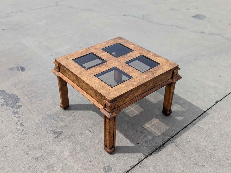 Vintage Side End Table, Square, Burl Wood, Smoked Glass, Solid Wood, Mid Century, MCM, Postmodern — view 9 of 10