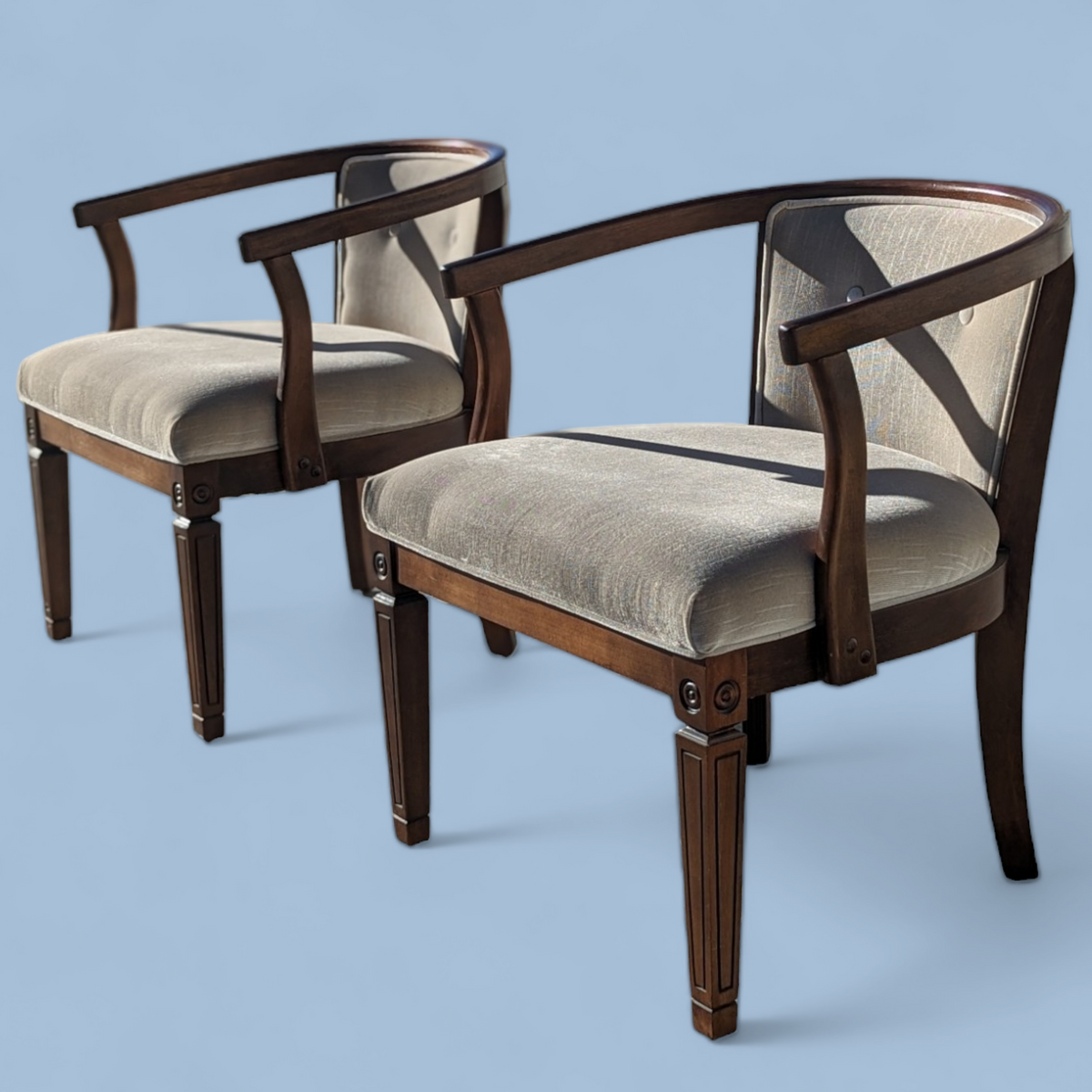 Pair of Vintage Curved Wood and Upholstered Barrel Armchairs — view 6 of 14