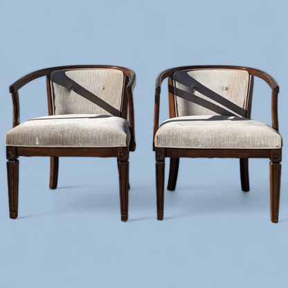 Pair of Vintage Curved Wood and Upholstered Barrel Armchairs — view 8 of 14