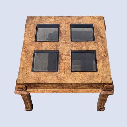 Vintage Side End Table, Square, Burl Wood, Smoked Glass, Solid Wood, Mid Century, MCM, Postmodern