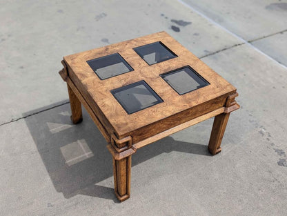 Vintage Side End Table, Square, Burl Wood, Smoked Glass, Solid Wood, Mid Century, MCM, Postmodern