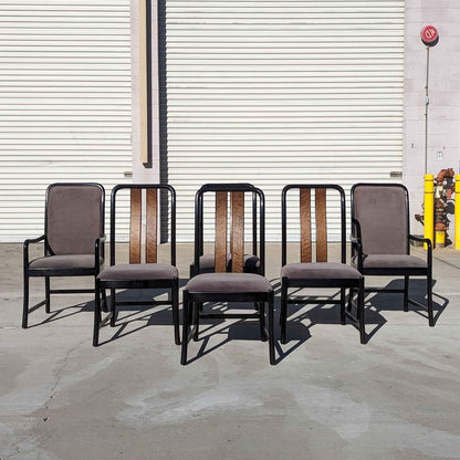 Six Postmodern Dining Chairs by Bernhardt, Black Lacquer, Birdseye Maple, Wood Frames, Dining Room