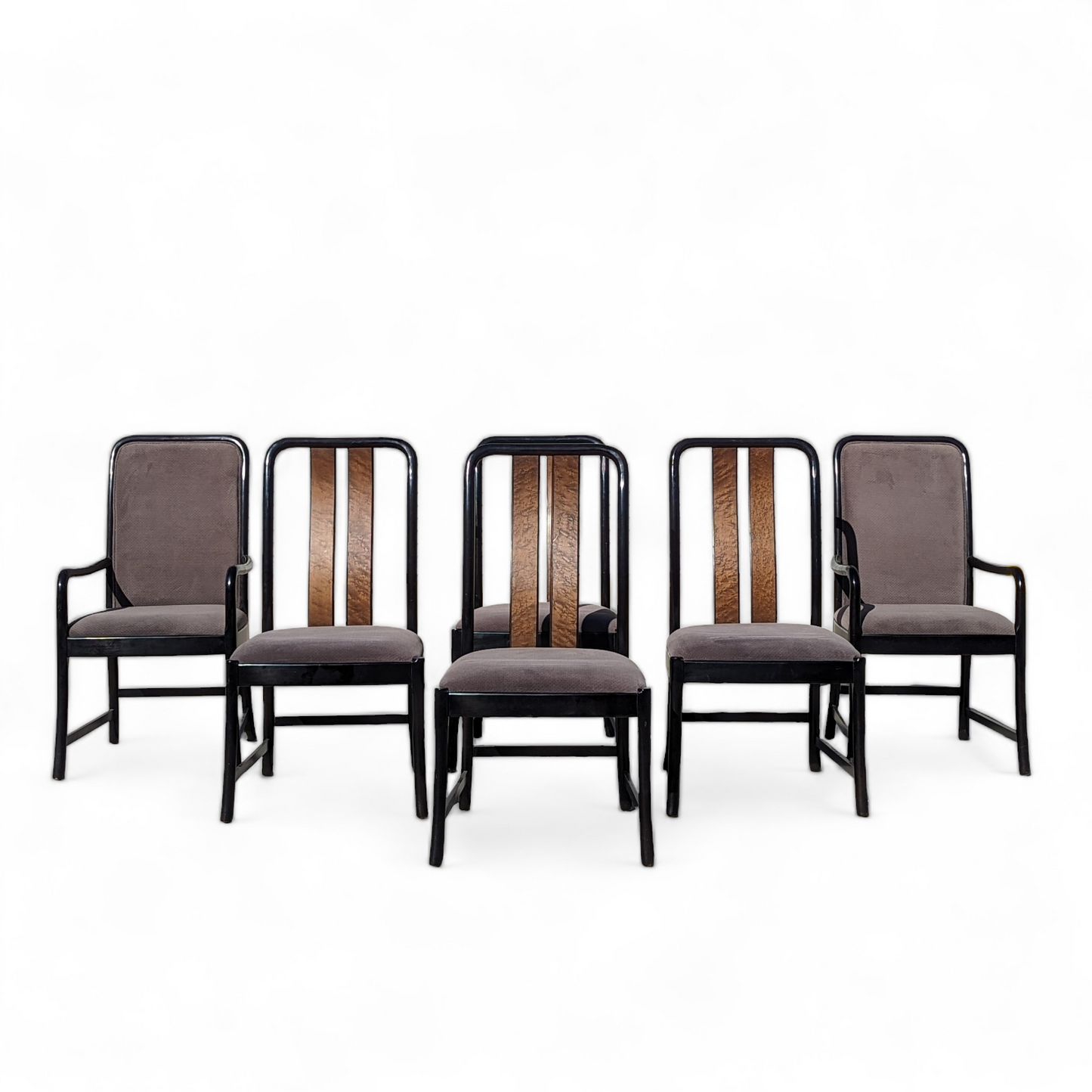 Six Postmodern Dining Chairs by Bernhardt, Black Lacquer, Birdseye Maple, Wood Frames, Dining Room