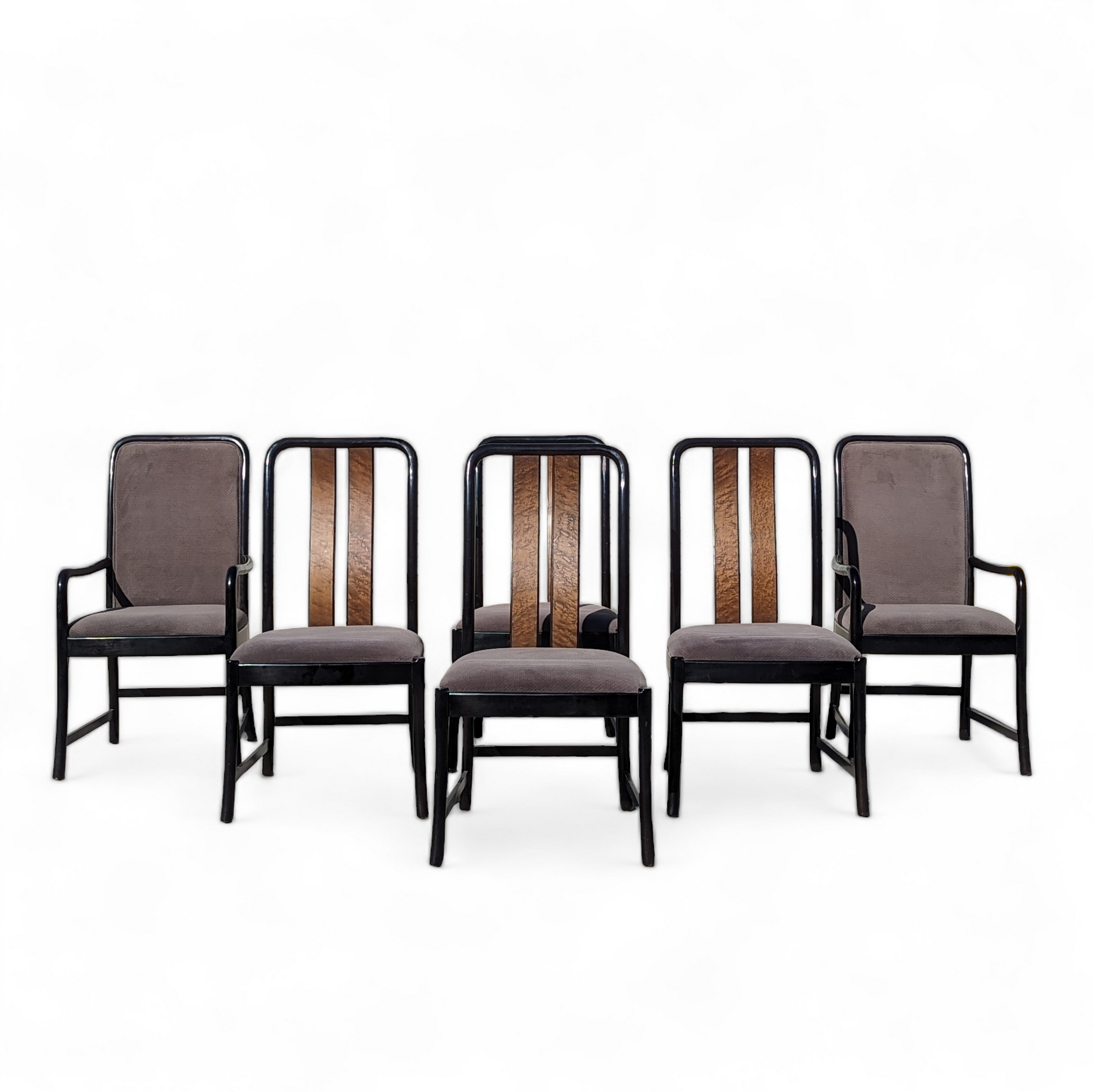 Six Postmodern Dining Chairs by Bernhardt, Black Lacquer, Birdseye Maple, Wood Frames, Dining Room