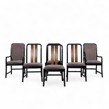 Six Postmodern Dining Chairs by Bernhardt, Black Lacquer, Birdseye Maple, Wood Frames, Dining Room