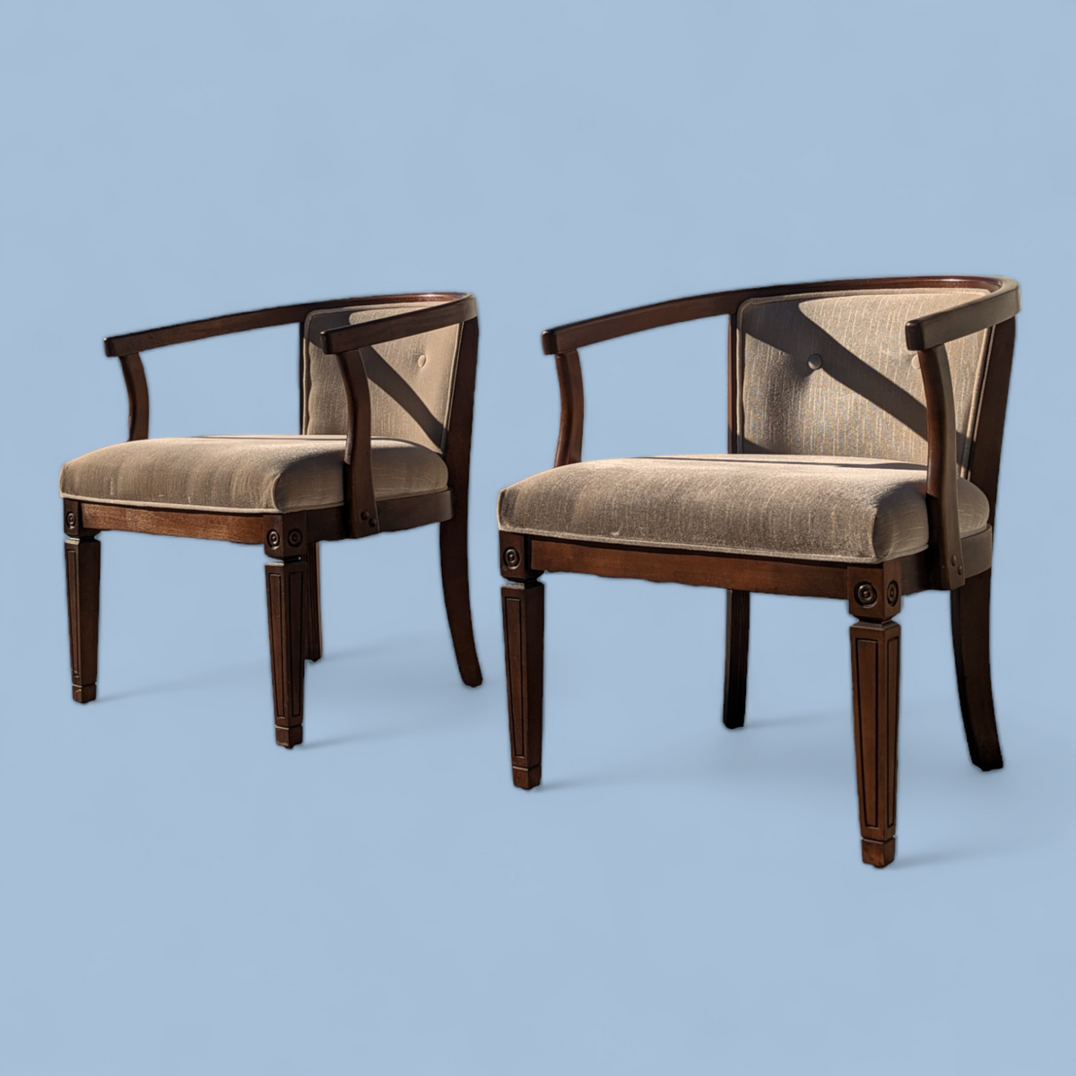 Pair of Vintage Curved Wood and Upholstered Barrel Armchairs — view 12 of 14