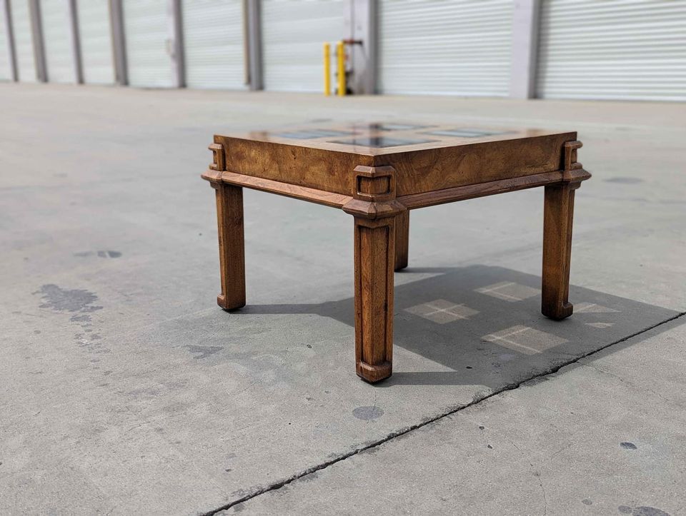 Vintage Side End Table, Square, Burl Wood, Smoked Glass, Solid Wood, Mid Century, MCM, Postmodern