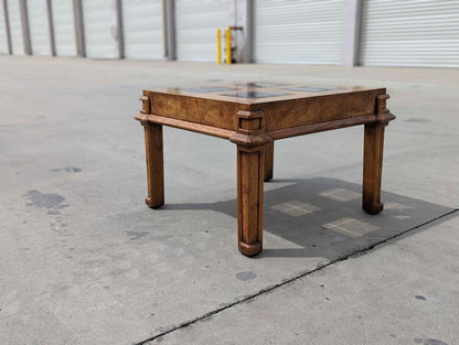 Vintage Side End Table, Square, Burl Wood, Smoked Glass, Solid Wood, Mid Century, MCM, Postmodern