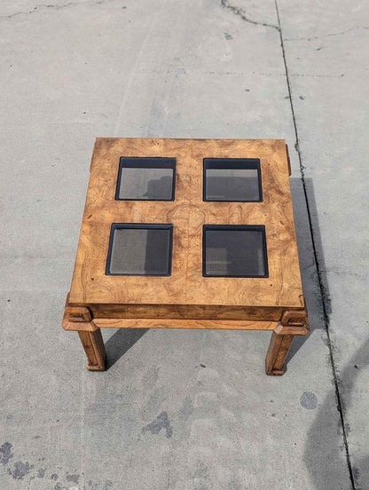 Vintage Side End Table, Square, Burl Wood, Smoked Glass, Solid Wood, Mid Century, MCM, Postmodern