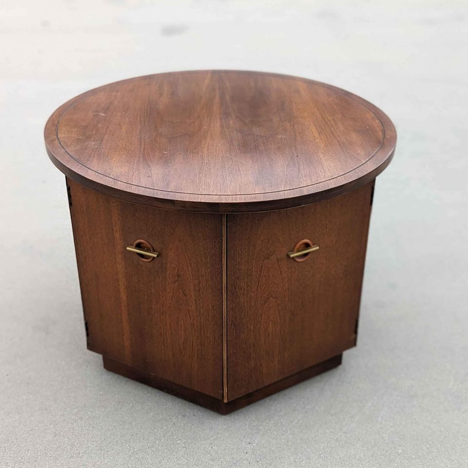 1970s Round Walnut Cabinet End Table with Storage — view 7 of 10