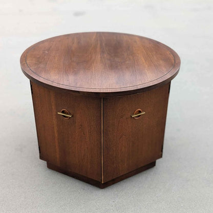 1970s Round Walnut Cabinet End Table with Storage — view 7 of 10