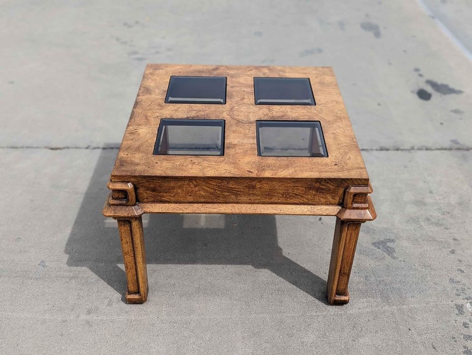 Vintage Side End Table, Square, Burl Wood, Smoked Glass, Solid Wood, Mid Century, MCM, Postmodern