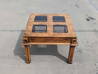 Vintage Side End Table, Square, Burl Wood, Smoked Glass, Solid Wood, Mid Century, MCM, Postmodern
