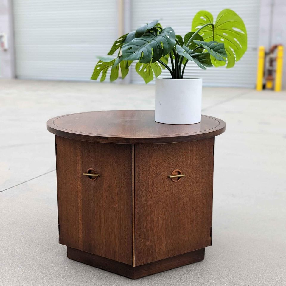 1970s Round Walnut Cabinet End Table with Storage — view 10 of 10
