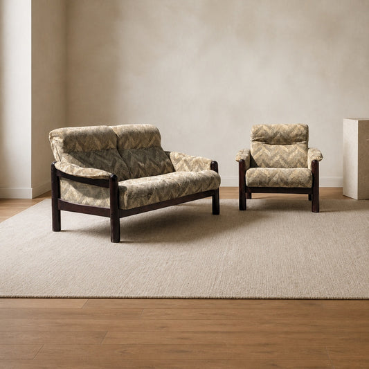 Vintage Wood-Frame Loveseat and Lounge Chair Set