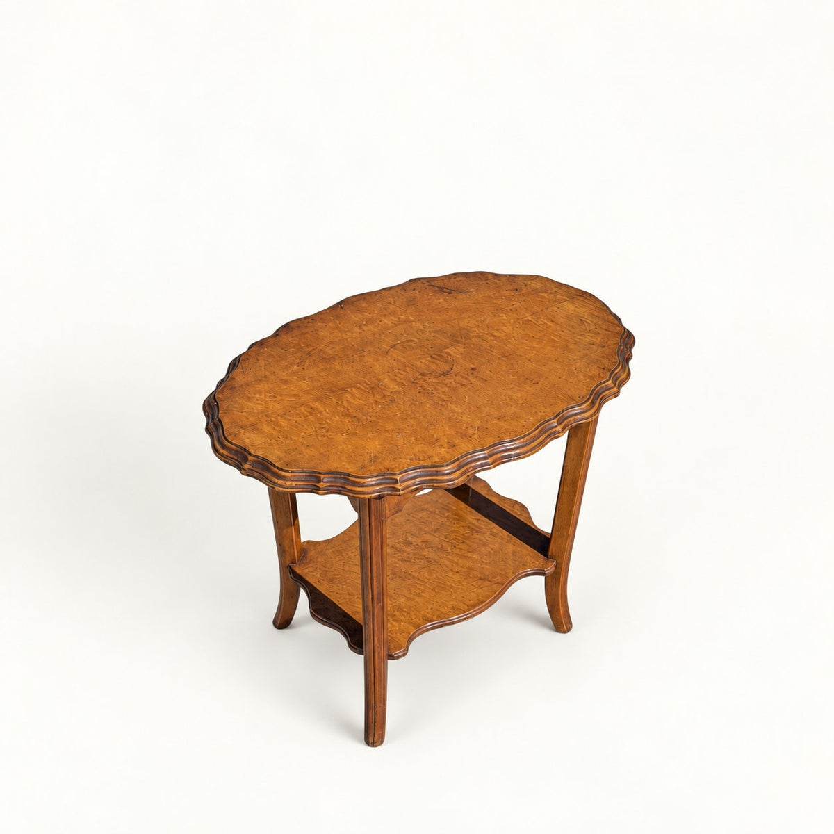 Vintage Oval Wood Side Table with Scalloped Edge and Lower Shelf — view 1 of 12