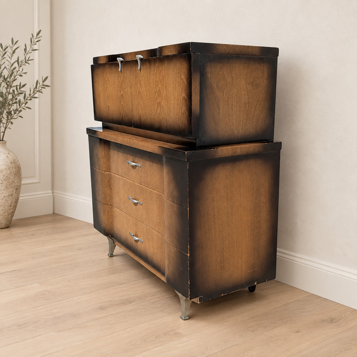 1950s Mid-Century Modern Tallboy Gentleman's Chest with Drop-Front Cabinet — view 1 of 16
