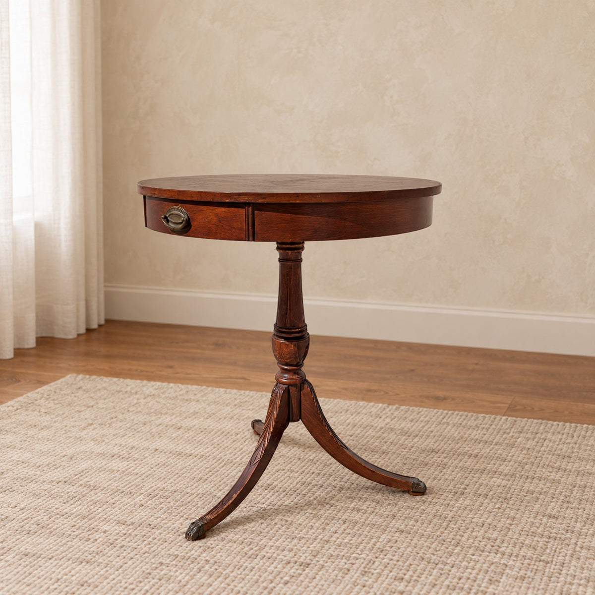 Vintage Mersman Round Wood Pedestal Side Table with Drawer