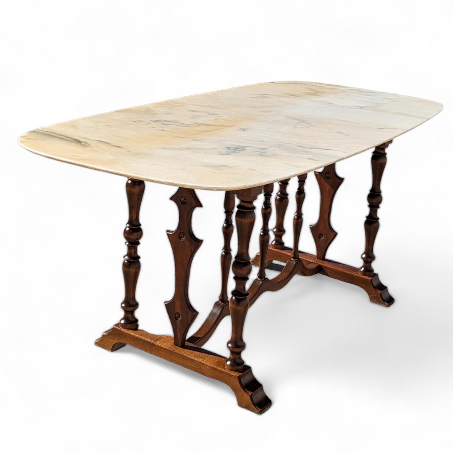 Antique Italian Dining Table for Six, Marble Top, Turned Wood Base