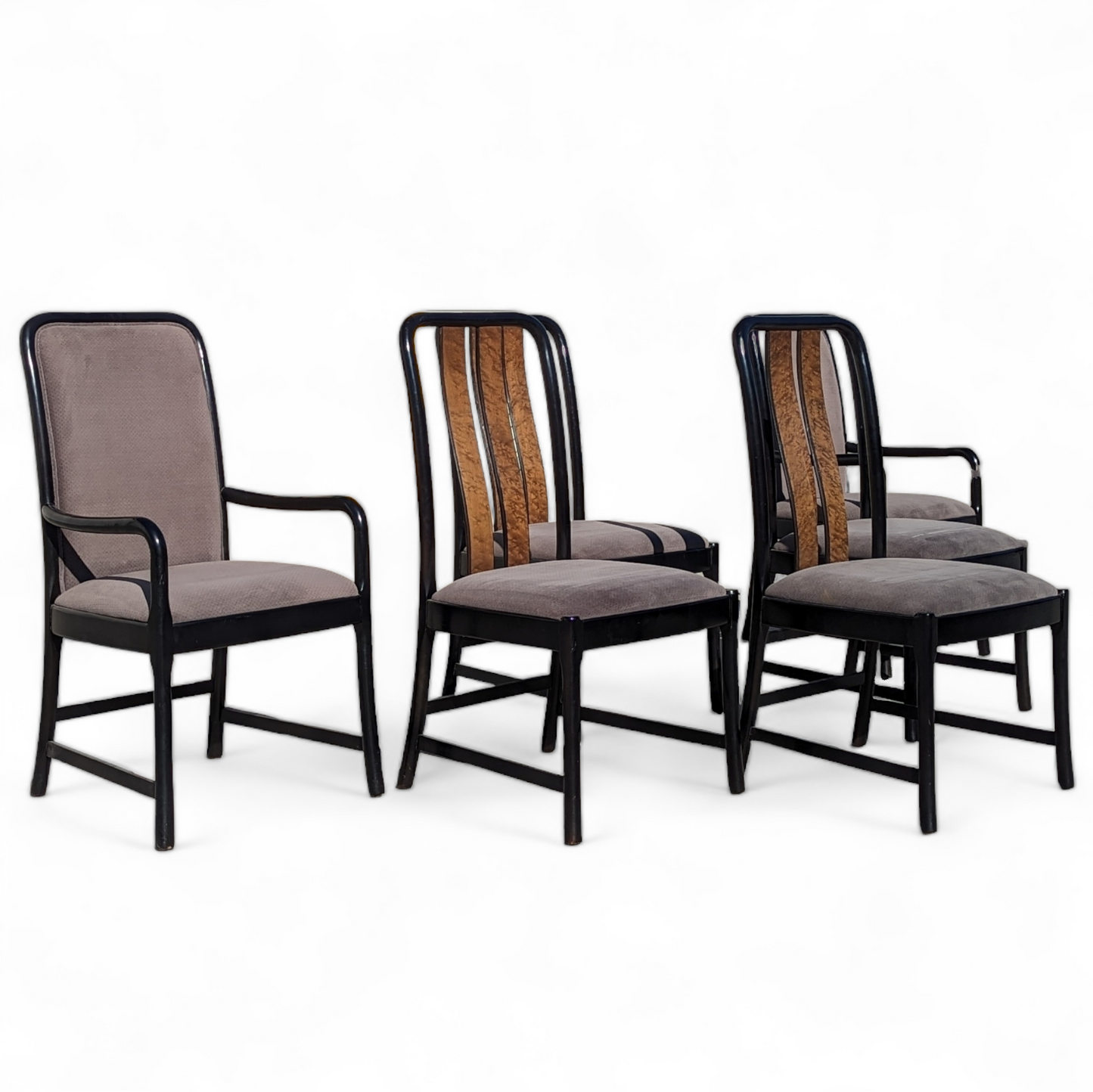 Six Dining Chairs by Bernhardt, Black Lacquer + Birdseye Maple