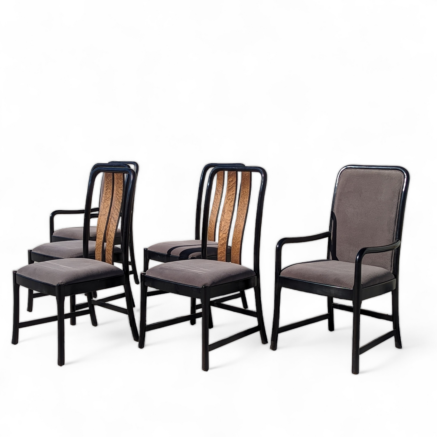 Six Dining Chairs by Bernhardt, Black Lacquer + Birdseye Maple