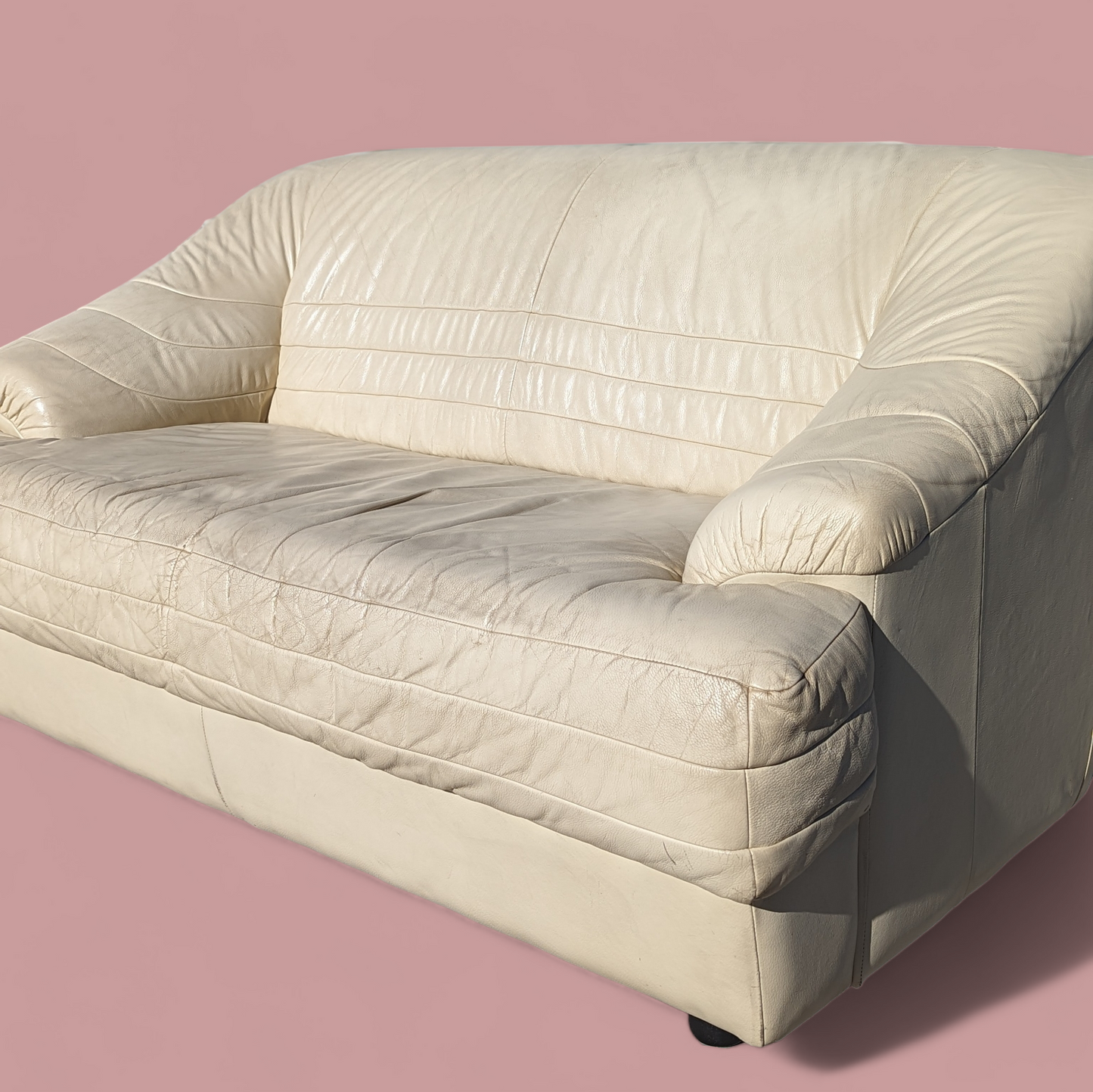 Postmodern Italian Leather Loveseat, Beige/Egg Shell White