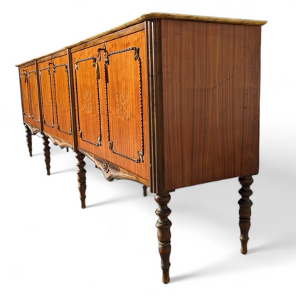 French Louis XVI Style Marble Top Walnut Sideboard Buffet